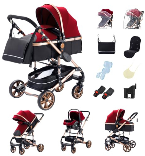 GLOKID Carrito bebé 3 Piezas, Carro, Carrito bebé 3 en 1, Silla Paseo, Sistema de viaje, Plegable, neumáticos de caucho, Con accesorios, Góndola, Adaptateurs, 25 kg (739 Rojo)