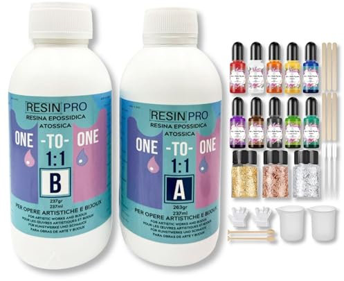 Resin Pro ® Resina Epoxi Transparente 1:1 Kit de inicio 500 gr resina + 29 accesorios útiles para Fabricación de Joyas, Creaciones Artísticas, Fácil de Usar, Resina apta para Principiantes