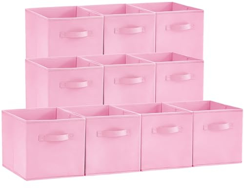 Lifewit Juego de 10 Cubos de almacenamiento plegables, Cestas de Almacenamiento de Tela, Cajas de Almacenamiento con asas, Organizadores para ropa, Juguetes, 26,5 x 26,5 x 28 cm, 18 L, Rosa