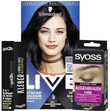 Schwarzkopf LIVE Intense Colour Haarfarbe 99 Deep Black (142 ml) Blondierung & Syoss Augenbrauenfarbe 1–1 Schwarz Stufe 3 (17 ml) & Kleber 4 Brows & Edges Waterproof (16 ml) Haar Mascara