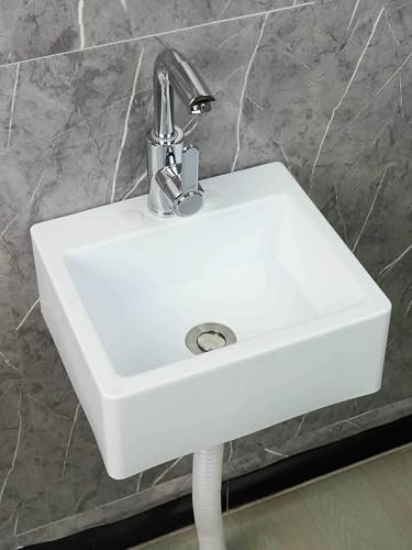XRB2050 Mini Handwaschbecken, 33.5x29x13cm/13x11.4x5inch Quadratisch Handwaschbecken aus Kunststoff, Waschtrog Wandmontage Platz sparen für Badezimmer & Gäste WC Weiß D Heißes Gedrehte Wasserhahn