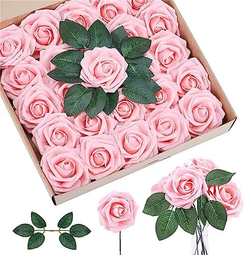 Blausky 1 Schachtel 50 Stück Künstliche Blumen Rosen,Fake Rosen mit Stielen,Deko Blumen Künstliche Blumenköpfe,Schaumrosen Foamrosen Kunstblumen,für Zuhause Dekoration Hochzeit Blumensträuße,Rosa A