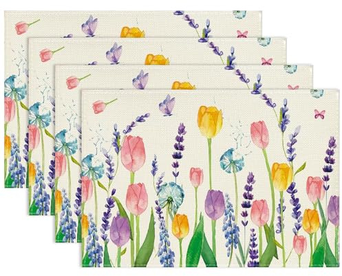 Juego de 4 Manteles Individuales Flores, 30x45cm Primavera Individuales Flores y Mariposas, Tulipán Lavanda Manteles Individuales Tela Lavables para Cocina, Comedor, Camping, Fiesta (B)