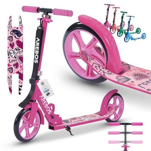 Arebos Trottinette de Ville | Hauteur réglable | Pliable avec Sangle | Roues XXL | Frein à pédale | pour Enfants et Adultes | Charge Max. 100 kg | Rose