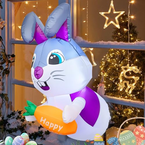 MaxEarn 4FT Easter Inflatable Bunny Outdoor Decorations Build-in LED Light, Window Inflatable Hanging Bunny Garden Decoration, Rabbit with Carrot Blow Up Yard Decor for Easter Party Lawn Garden Party