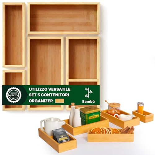 Avilia Set di 5 Organizer Multiuso in Bambù -Diverse Misure- Divisori per Cassetti Cucina, Bagno o Scrivania - Pratico e Facile da Pulire - Salvaspazio Modulabile in Base alle Esigenze