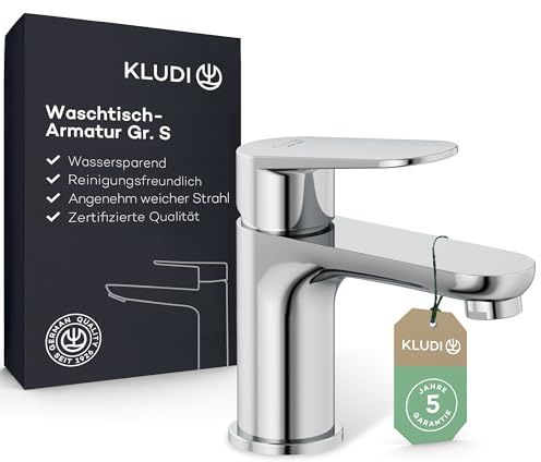 KLUDI-X1 Wasserhahn Bad, Auslaufhöhe 75 mm, wassersparende Waschtischarmatur Größe S, Keramikkartusche, Mischbatterie Waschbecken inkl. Anschlussschläuche in Chrom