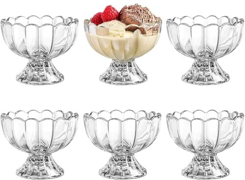 WLIHDB Copas De Helado Cuencos de postre de cristal de tulipán con patas de 5oz, tazón de postre helado, taza for beber for Sundae, fruta, helado, aperitivos y condimentos, 6 uds.