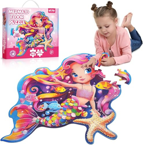 BenBen Große Bodenpuzzle ab 3 4 Jahre, Puzzle für Kinder 52 Teile, 66x70 cm | XXL Kinderpuzzle, Geschenk für Jungen und Mädchen, Meerjungfrau