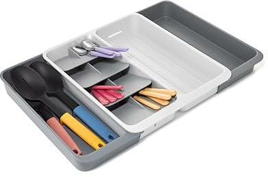 Joseph Joseph DrawerStore Expanding Tiered Cutlery, Utensil and Gadget Tray, Expandable in Drawer Kitchen Space Saving Organiser, Recycled Plastic