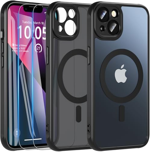 Hensinple für iPhone 13 Hülle für MagSafe [3 in 1] mit 2 Stück Panzer Schutz Glas, Magnetische Handyhülle Vollständiger Kameraschutz Stoßfest Matt Schutzhülle Case für iPhone 13 (Schwarz)