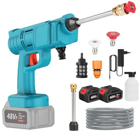 Hidrolimpiadora de Alta Presion, Hidrolimpiadora Bateria 21V 30Bar con Batería de 12000mAh, Boquilla 6 en 1, Pulverizador de Espuma, Press & Clean Pistola Lavado para Limpiar Jardín (con 2 Batería)