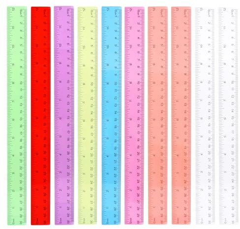 10 Stück Lineal 30 cm, Bunt Lineal 30cm, Gerade Kunststoff-Lineale mit Metrischer Zoll-Skala, Geprägte Zentimeter-Abschlusslineale, Lineale für das Homeoffice und die Grundschule