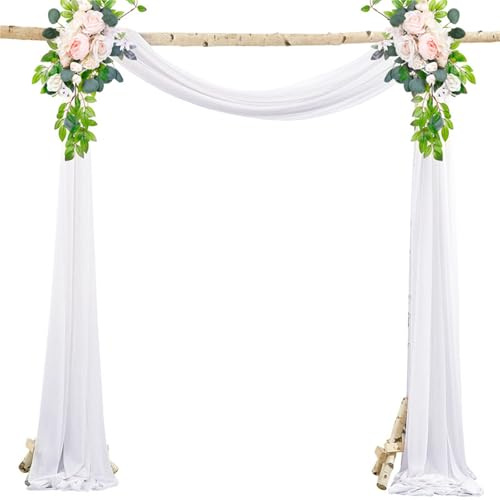 Ziyonix Hochzeitsbogen Vorhang mit Satinband, 600 x 75 cm Weiß Dekoschals Vorhang, Chiffon Stoff Querbehang Freihanddeko, Transparent Gardinen für Fotografie Party Hochzeit Deko