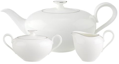 Villeroy & Boch Anmut Platinum No.1 Service à thé 3 pièces avec théière de 800 ml et pot à lait de 180 ml et sucrier de 290 ml, vaisselle de service à bord platine, porcelaine de qualité supérieure