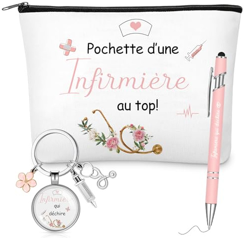 Xuniea Cadeau Infirmière Femme, Stylo à Bille, Porte-Clés et Pochette