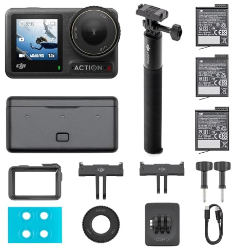 DJI Osmo Action 4 Pack Aventura: cámara deportiva 4K/120fps con sensor de 1/1.3pulgadas, D-Log M y 10 bits, campo de visión ultraamplio de 155º, hasta 7.5h con 3 baterías adicionales para grabar vlogs
