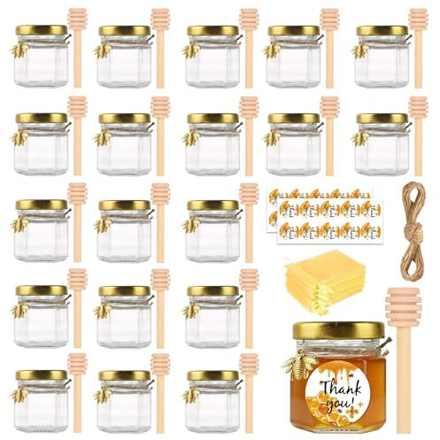 Eidoct 20 Pack Mini Honey Jars, 1.5 oz Small Hexagon Glass Honey Jar | Honey Pot with Honey Spoon Gold Lids Gold Bee Pendants Rope Gift Bags, Storage Jars for Baby Shower, Wedding, Party Favors