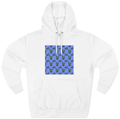 3dRose Green Frogs and Lily pads on a blue background. Pond full of frogs. Three-Panel Fleece Hoodie White/XS