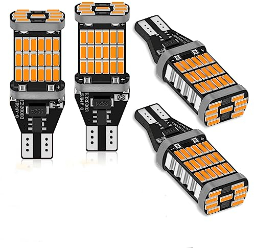 4-Pack 921 912 T10 T15 Ambre 800 lumens 12V-18V Non-Polarity Extrêmement Lumineux CANBUS Sans Erreur Ak-4014 45PCS Chipsets Ampoules LED pour Feux de Clignotant Back Up Eclairage Inversé