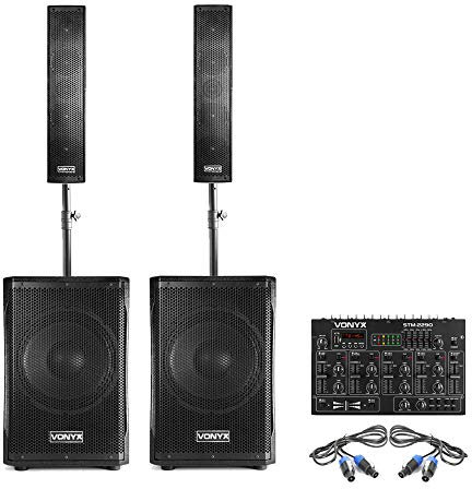 Vonyx VX1200 Column Array PA Speaker System with Active 12-Inch Subwoofers, Pole-Mounted Satellites and 8-Channel Bluetooth DJ Mixer, Complete DJ Speaker Kit for Events and Live Performance
