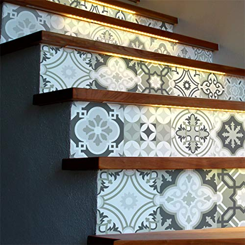 2 Stickers adhésifs escalier carrelages | Sticker Autocollant contremarche Carreaux de Ciment – Stickers contremarche carrelages - azulejos – 15 x 105 cm - 2 Bandes , 2 bandes de 15 x 105 cm