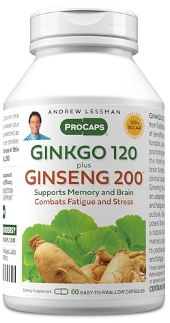 ANDREW LESSMAN Ginkgo 120 Plus Ginseng 200mg - 60 Capsules - Standardized Extract Blend to Support Brain, Memory and Cognitive Function. Adaptogen, Combats Stress and Fatigue. No Additives