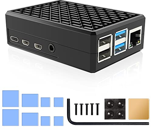 Miuzei Gehäuse für Raspberry Pi 4B, Aluminium Passivkühlung, 8/4/2GB | Lüfterlos & lautlos, Alu-Gehäuse als Kühlkörper, Kupfer-Heatsink & Wärmeleitpads, 24/7-Betrieb, kompakt 90×65×28mm