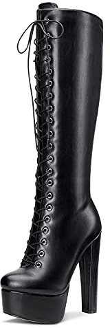 Castamere Bottes Femme Plateforme Mi-Mollet Lacets Fermeture Eclair Bloc Talon 15CM High Heels Noir Mat Chaussures EU 45