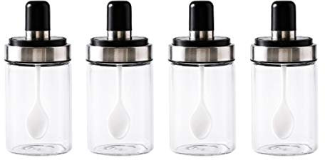 Barattoli di Spezie Condimento Pentole con il cucchiaio e coperchio trasparente di vetro Contenitori Vasi for immagazzinare e distribuire Spice Sale Zucchero Pepe, 250 ML (8,5 once), Set di 4 Barattol