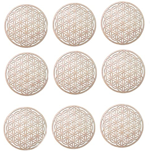 LATRAT 10 Pezzi Sottobicchiere in legno di betulla con motivo fiore della vita, decorazione murale fiore della vita, simbolo spirituale - regali esoterici (Ø 10 cm)