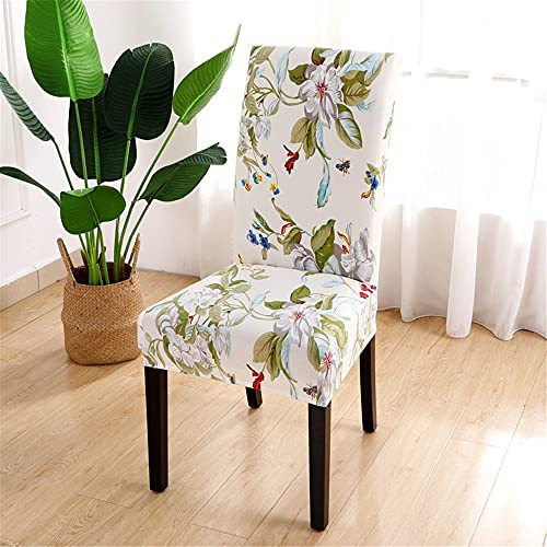 Highdi Fundas de Sillas de Comedor Ajustables Elasticas, Respaldo Alto, Cubierta de Silla Estampado Moderna para Hogar, Funda Sillas Comedor Lavable Extraíble (Flores Primavera,6 Piezas)