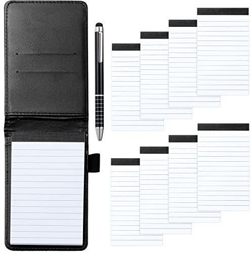 JEFFOUOO Mini Notizblock A7 Set, Schwarz, 8 Stk, 7,5 X 12,8 Cm | Kleiner Leder Notizblock Halter, Tragbarer Mini Notizbuch Mit Stift, Ersatz-Notizblöcken, 30 Liniertes Papier Pro Notizblock