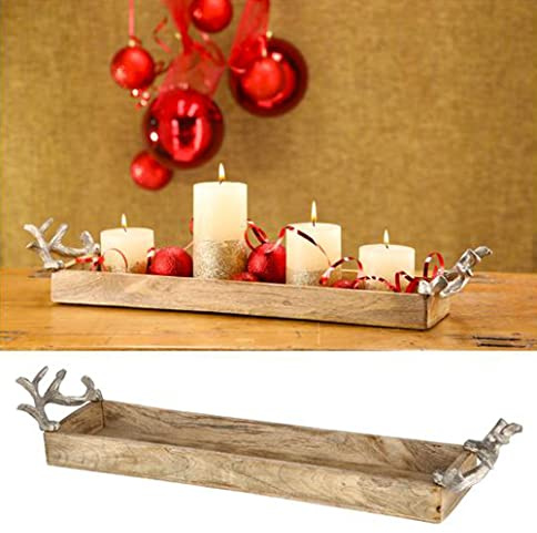 itsisa Holz Tablett länglich 60 cm mit Hirsch Geweih Henkel - Serviertablett, Dekoteller, Vesperteller, Jäger