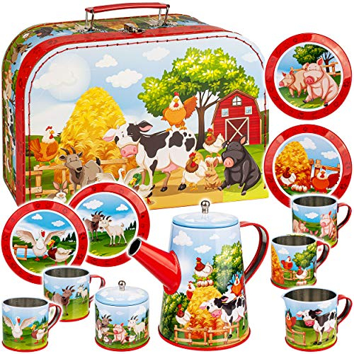 alles-meine.de GmbH 14 TLG. großes Set Picknick Koffer - Puppengeschirr/Kaffeeservice & Teeservice - Bauernhof Tiere - Geschirr aus Blech - Metall - Blechgeschirr - Kinderküc..