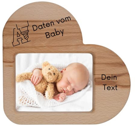 myduct Bilderrahmen in Herzform aus Buchenholz Bild 13x18cm (mit Gravur zur Geburt)