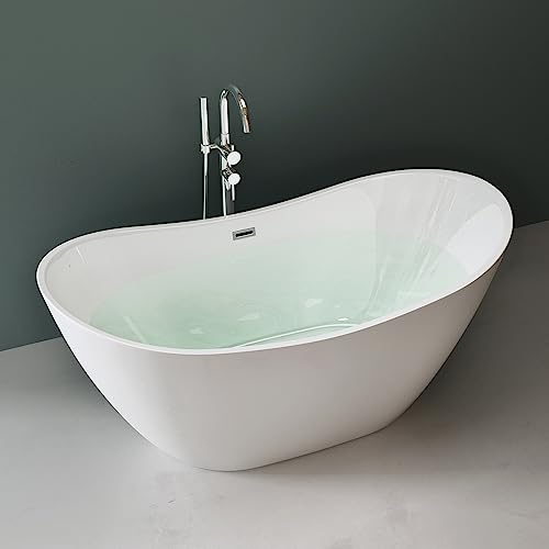 Mai & Mai freistehende Acryl-Badewanne Oval Standbadewanne Weiß inkl. Push-Open Ablaufgarnitur Breite 150cm V502OA