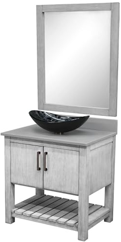 Miseno MV-30SG-NOBV-280-0128031-MIR 30 Free Standing Single Basin Vanity Set with Cabinet, Grey Quartz Vanity Top, Oval Glass Vessel Sink and Mirror - Stonewash Grey/Storm Grey Top/Oil Rubbed
