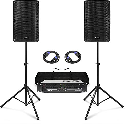 Vonyx Complete Passive PA System with 2x 10 500W Speakers, 1200W Stereo Amplifier, Stands & Cables - Ideal for Live Music, DJs & Stage Performances