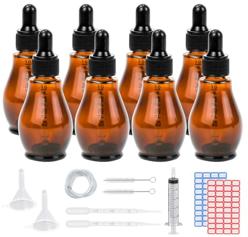 Reyshin 8 Pack Pear Shaped Amber Glass Bottles with Dropper Pipettes - Refillable Sample Bottles for Essential Oil, Massage, Aromatherapy & Eye Drops (Amber 30ml)
