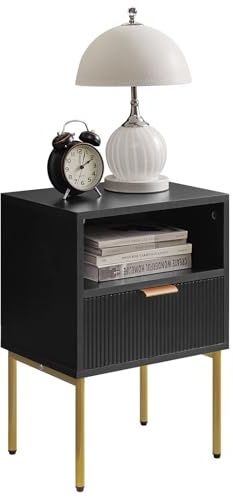 IBUYKE Mid-Century Moderner Nachttisch Mit Aufbewahrungsschublade, Kleiner Schwarzer Beistelltisch Mit Goldrahmen für Schlafzimmer, Wohnzimmer