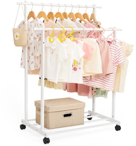 Cozivolife Kinder-Kleiderständer aus Bambus mit 2 Kleiderstangen und 4 Haken, Kinder-Kleiderständer auf Rädern, kleiner Kinder-Kleiderständer für Spielzimmer, Kleinkinder-Schlafzimmer (weiß)