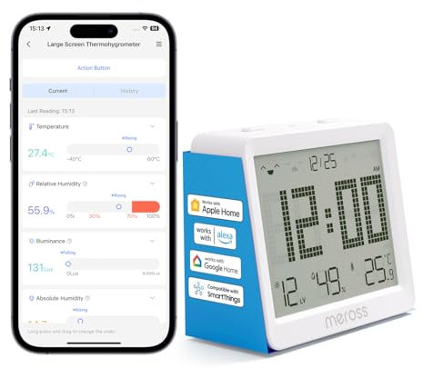Meross Thermomètre Hygromètre Connecté WiFi (HUB REQUIS), Moniteur de Température et d’Humidité Compatible avec Apple Home, Alexa et Google Home, Surveillance à Distance et Notification d’Alarme