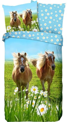 Generisch Bettbezug Set 135x200cm Pferd Bettwäsche Set Prärie-Gänseblümchen-braunes Pferd Kinder 3 Teilig Mikrofaser Wendebettwäsche Bettdeckenbezug Mit Reißverschluss und 2 Kissenbezug 80x80cm