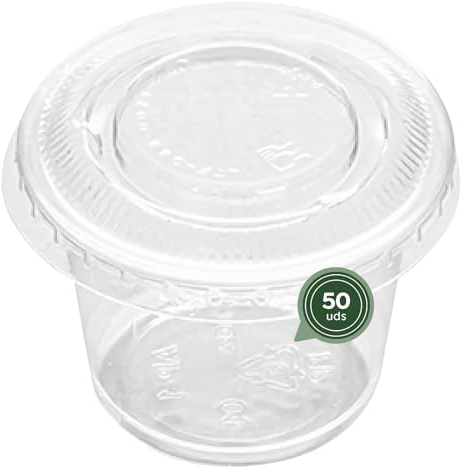 MAXI PRODUCTS - 50 Salseras Transparentes con Tapa Transparente - Botes de Plástico Reutilizables con Tapa para Salsas - Tarrinas Transparentes 30 cc - Envases para Salsas - EXTRA RESISTENTES