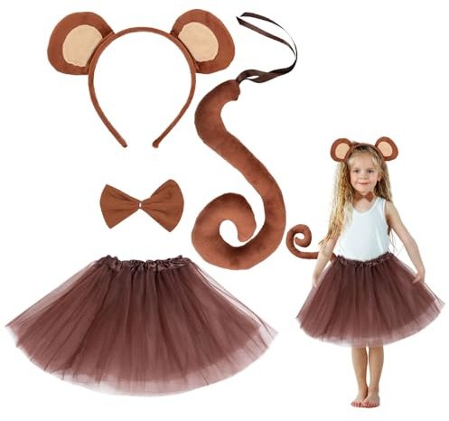 EUPSIIU 4 Pieces Monkey Costume Animal Fancy Costume Monkey Ears Headband Monkey Long Tail Bow tie Princess Tutu, Animals Cosplay for Kids Girls Fency Dress Up Halloween Carnival Birthday (Monkey)