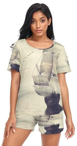 HMZXZ Damen Schlafanzug-Set Schiff Vogel Segelboot Sommer Pyjama Woman Set,Meer Strand Loungewear und Shorts Lounge Set Sleepwear Nachtwäsche