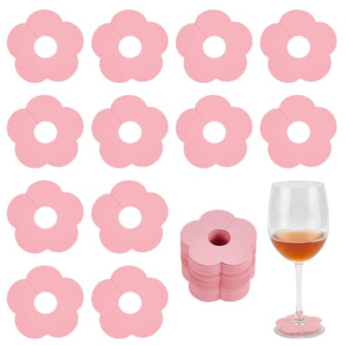FINGERINSPIRE 150 Stück Getränke Namensschilder Für Weingläser 68mm Blumenform Rosa Papier Weinglas Marker Blanko Weinglas Anhänger Cocktail Champagner Etikett Identifikationsmarker Für Partygäste