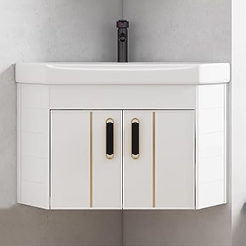 Eckwaschbecken-Kombination für Badezimmer, wandmontiertes Waschbecken-Design, dreieckiges Waschbecken aus Porzellankeramik, für kleine Räume, wandmontiertes Schrankset (43 cm) (eine Farbe: 56 cm)