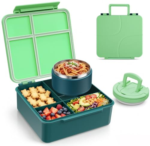 MAXSO Bento Lunch Box Set for Kids with 8 oz Soup Thermo, Leakproof Hot Food Container with 4 Compartments, Insulated Food Jar for Toddler Daycare Boys Girls School - Green